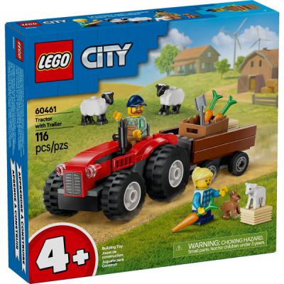 Rode tractor met aanhanger en schapen